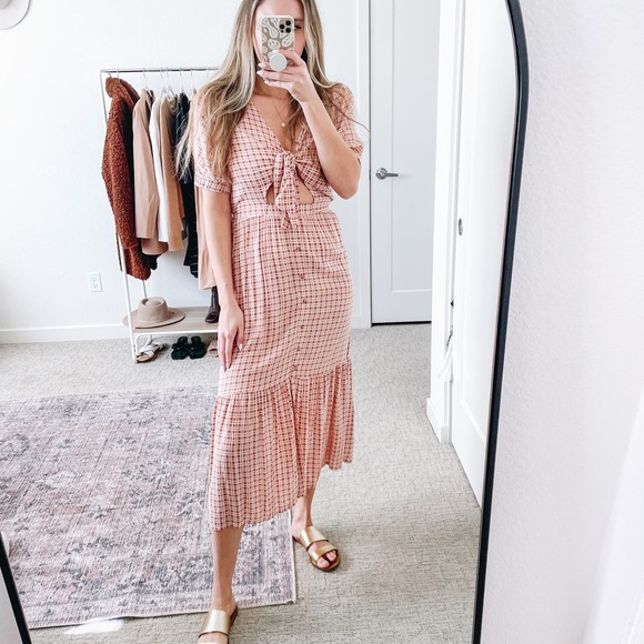 Faithfull the Brand Revolve Maple Pink Plaid Cut Out Midi Dress - Picture 14 of 15